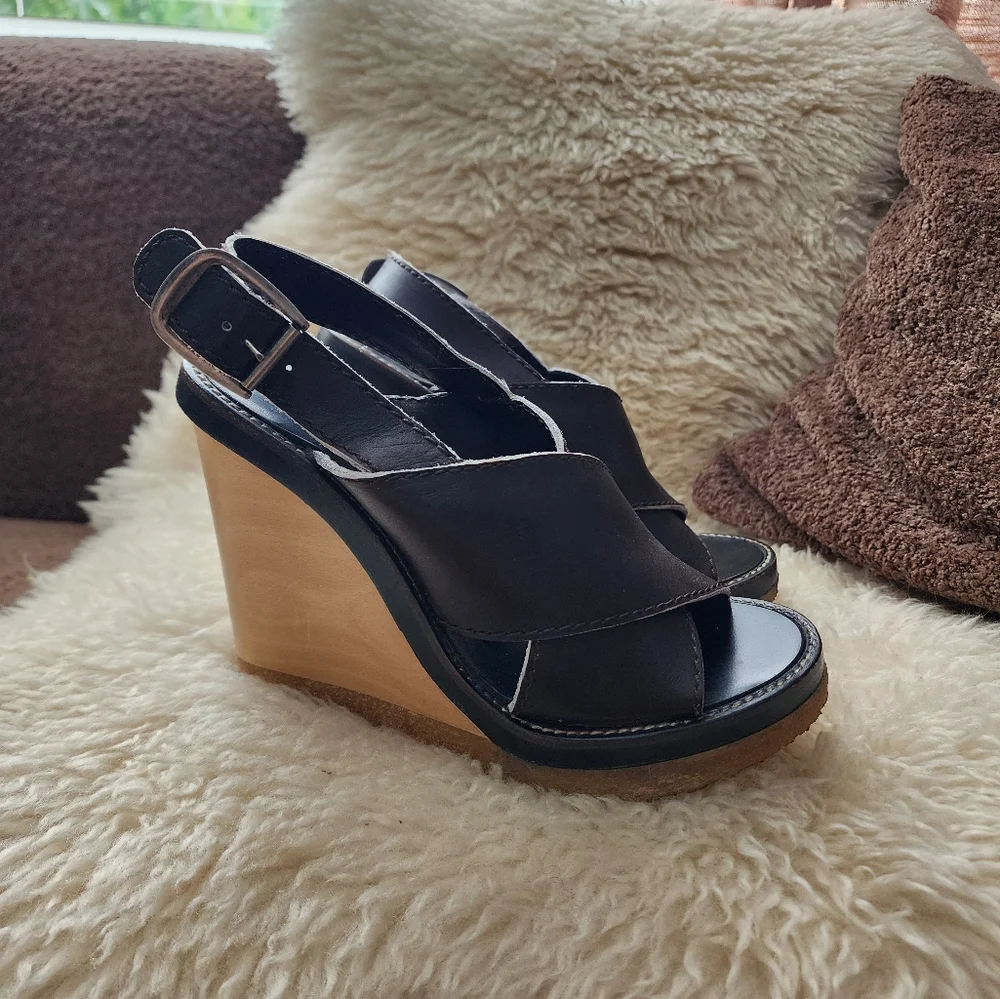 Chloe Chocolate Brown Leather Sling Back Wedge Heels